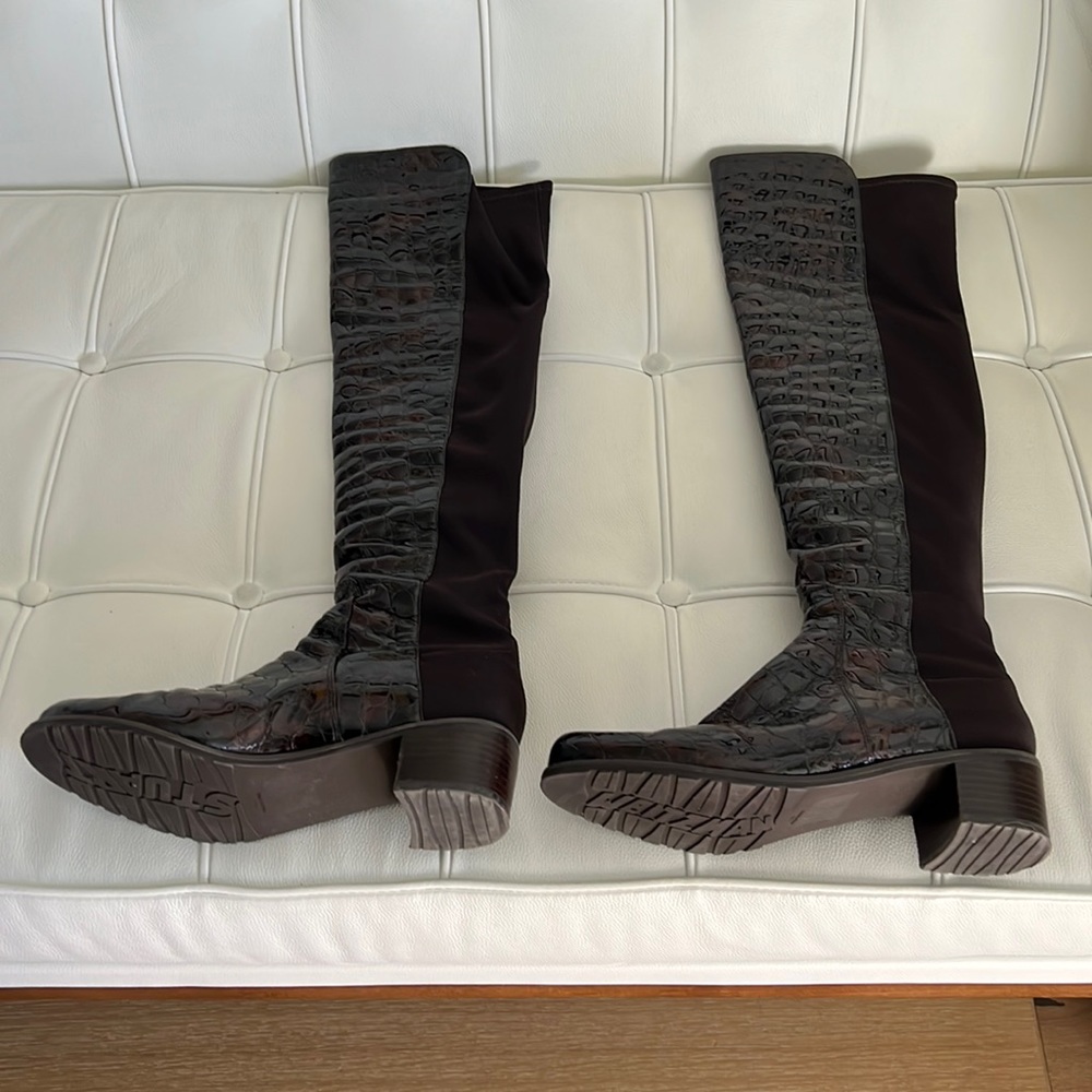 Stuart Weitzman patent leather brown croc OTK boots